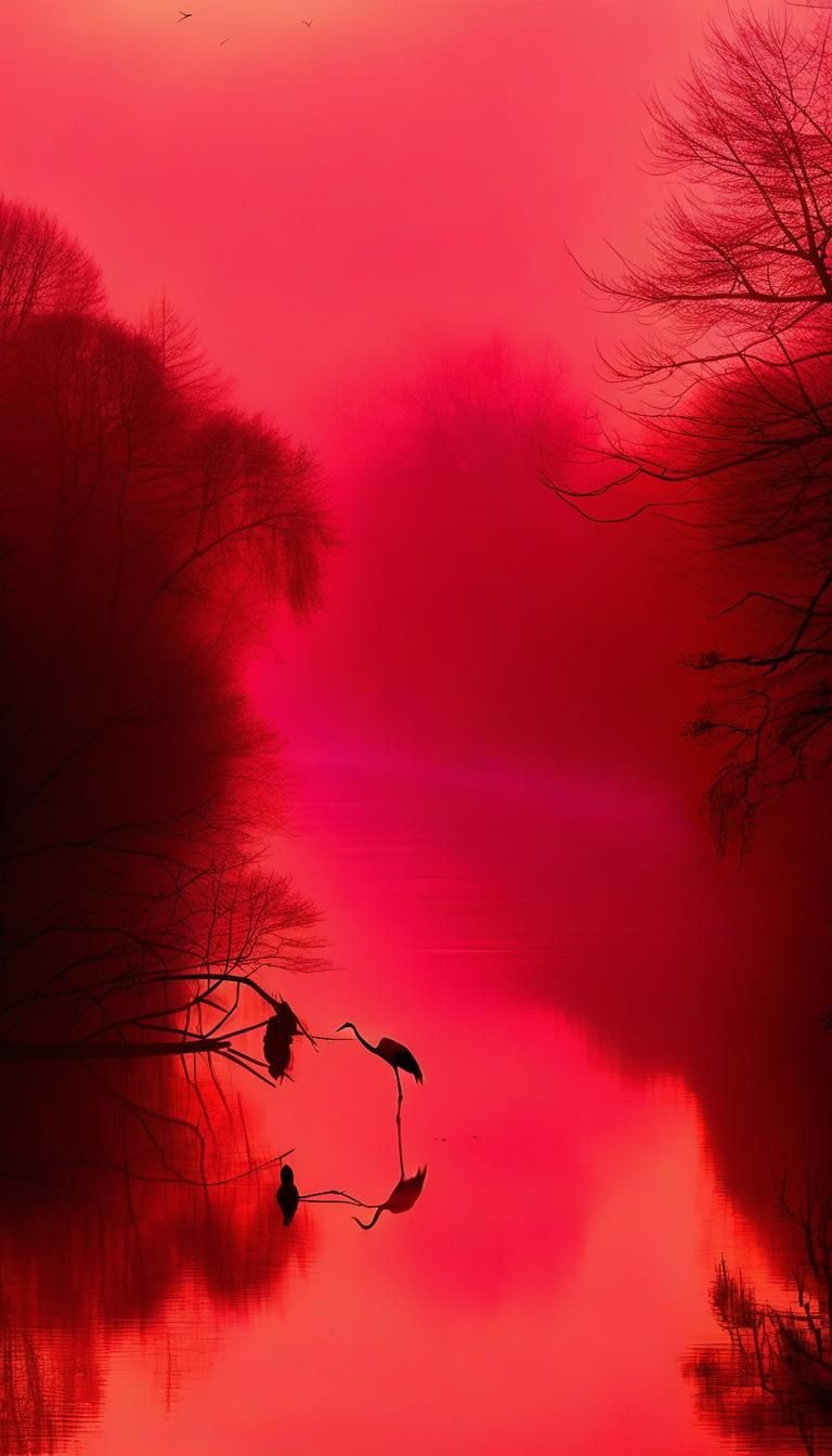 Red Crane in Foggy, Red Sky