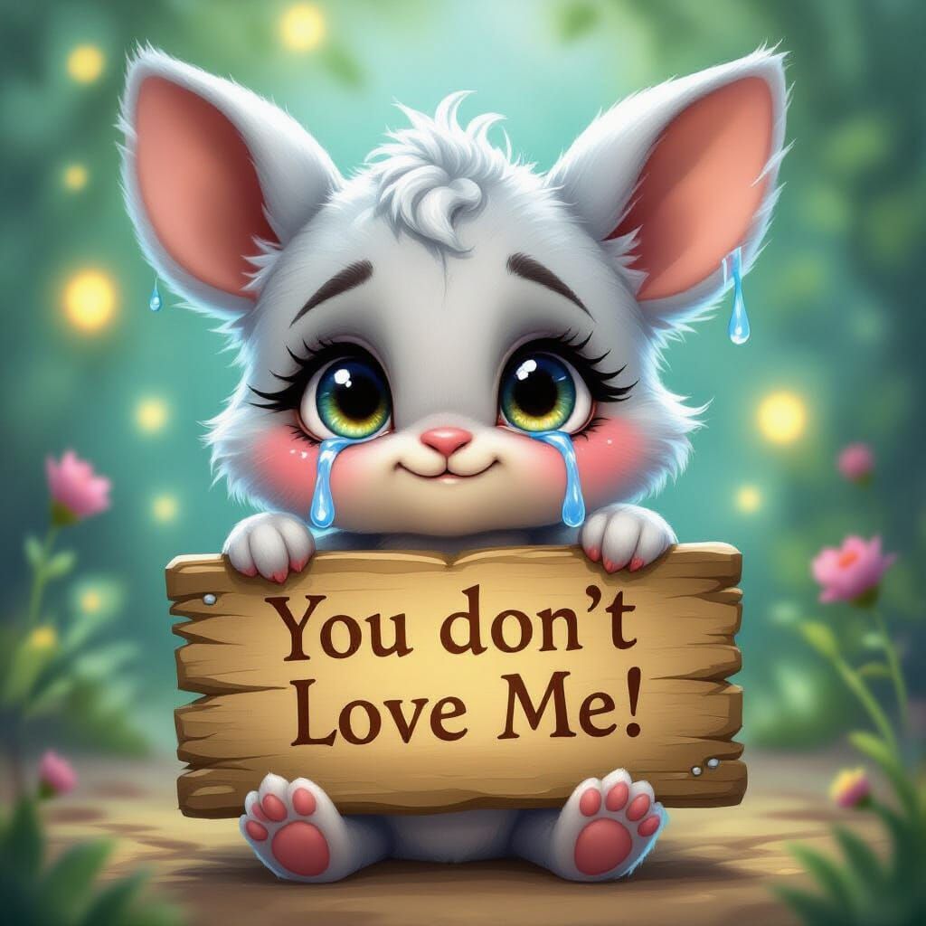 Whimsical Creature Cries Holding 'You Don't Love Me' Sign