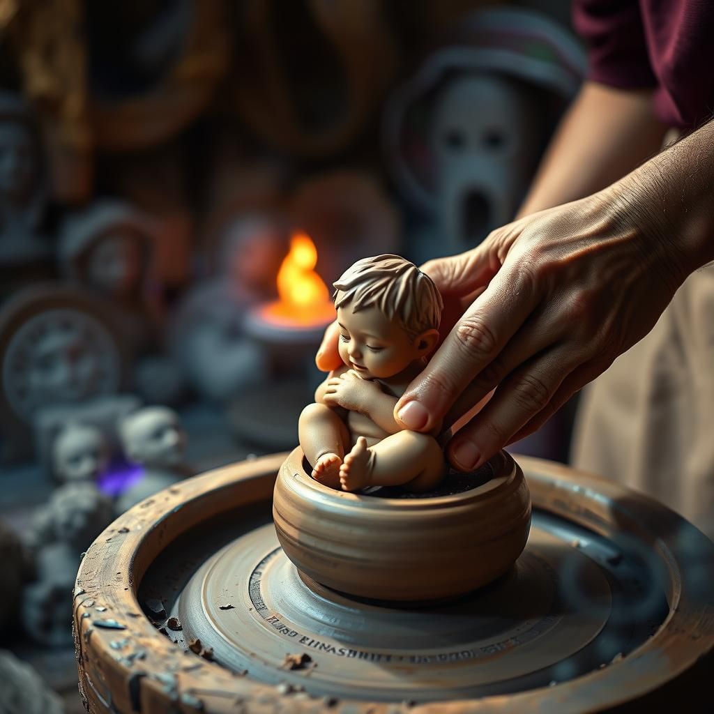 Jesus Creates Clay Infant Figurine: Celestial Art
