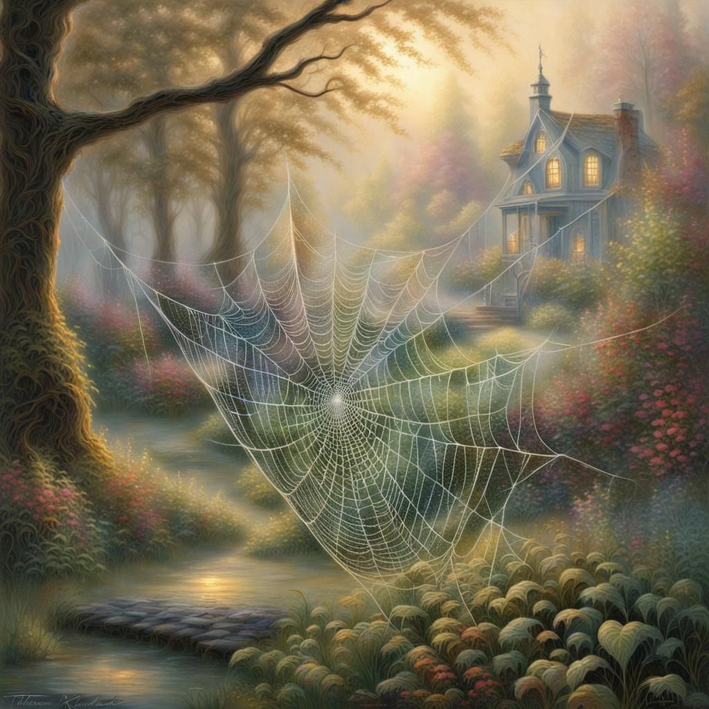 Dew-Kissed Spiderweb in Ethereal Fantasy Style