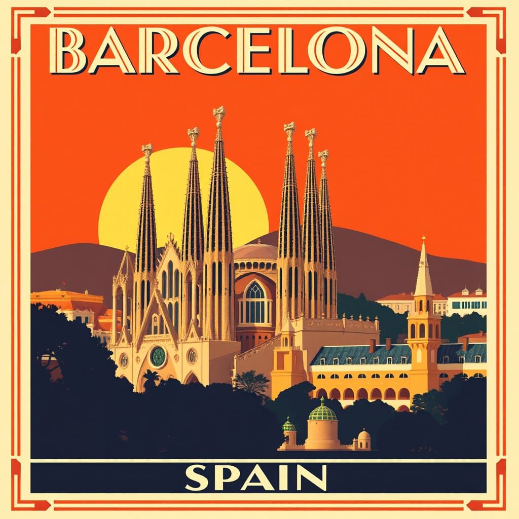 Barcelona Travel Poster in Art Deco Style