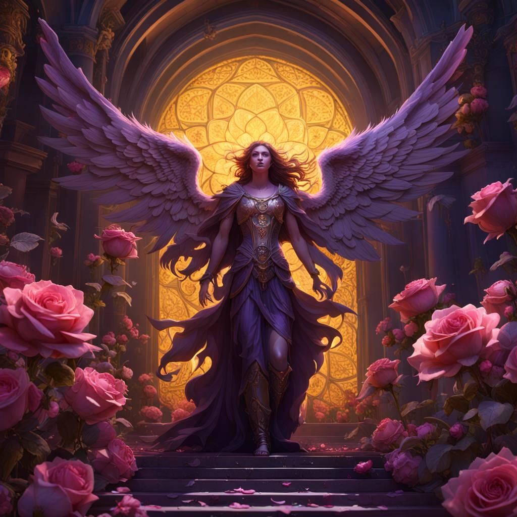 Rose-Winged Angel in Dark Fantasy Style
