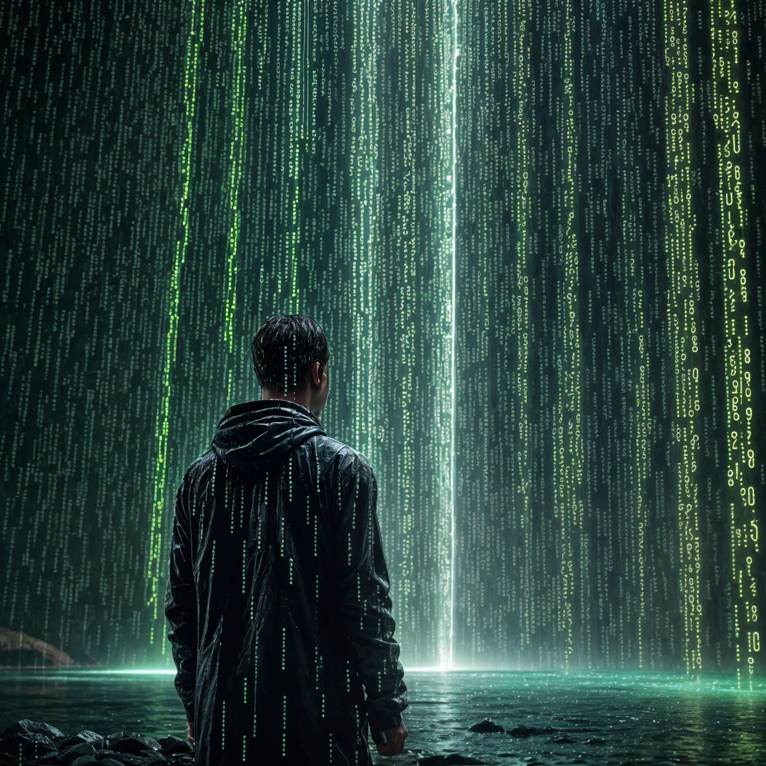 Man Emerges From Binary Code Waterfall in Neon Cyberpunk Sty...