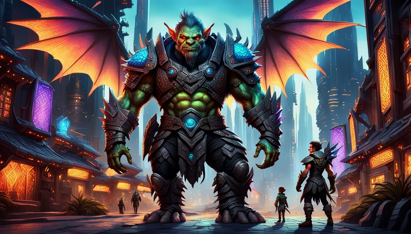 Troll Hunter and Fairy in Futuristic Cityscape