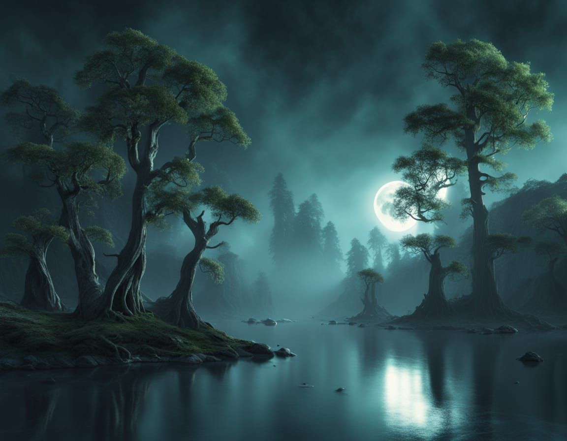Dark Fantasy Forest Lake Under Full Moon