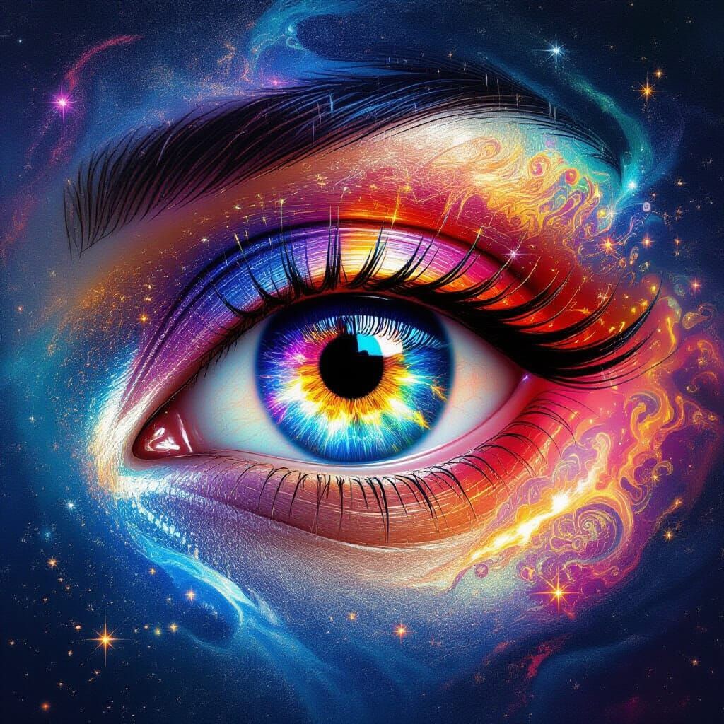 Iridescent Eye Shimmers with Stardust in Cosmic Art