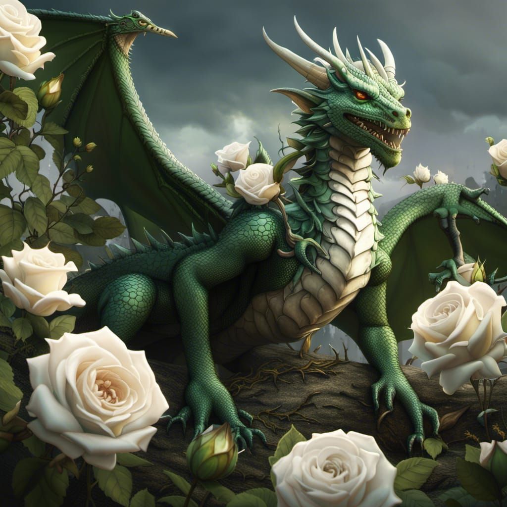 Green Dragon Surrounded by Roses: Digital Painting