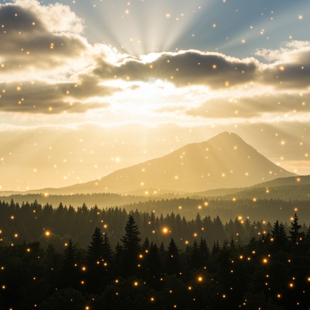 Divine Holy Landscape with Golden Light and Ethereal Particl...