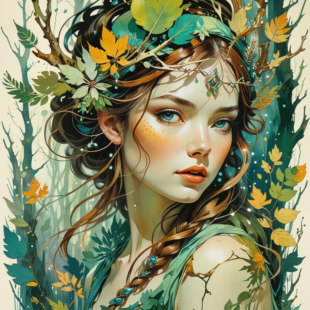 Stylized Watercolor of Woman in Wild Woods