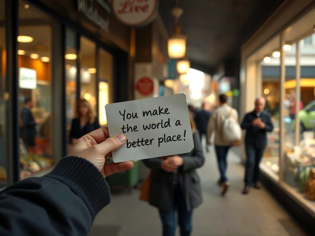 Kindness Note Shared on Busy Street in Cinematic Light