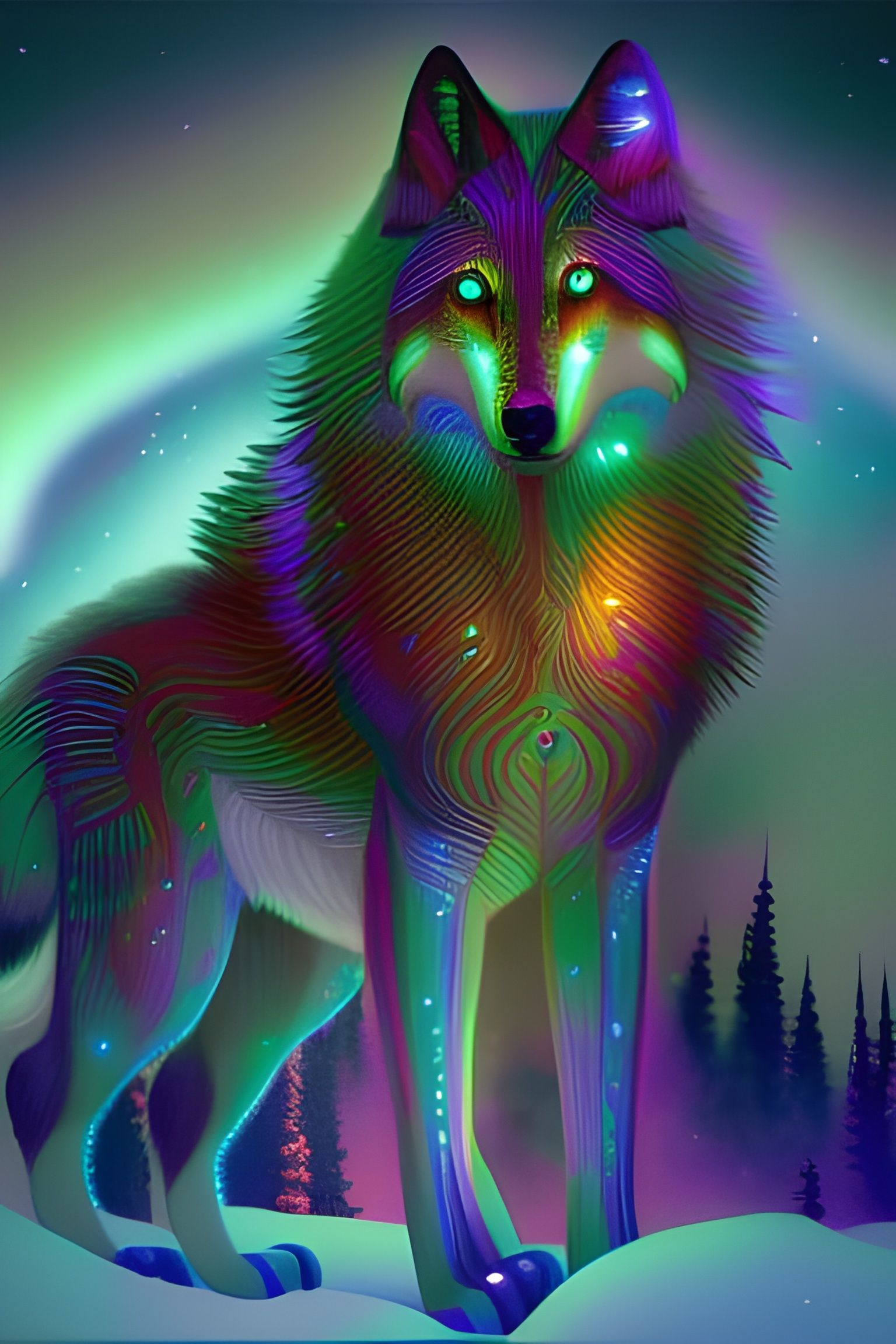 Iridescent Bioluminescent Wolf-Fox in Psychedelic Aurora