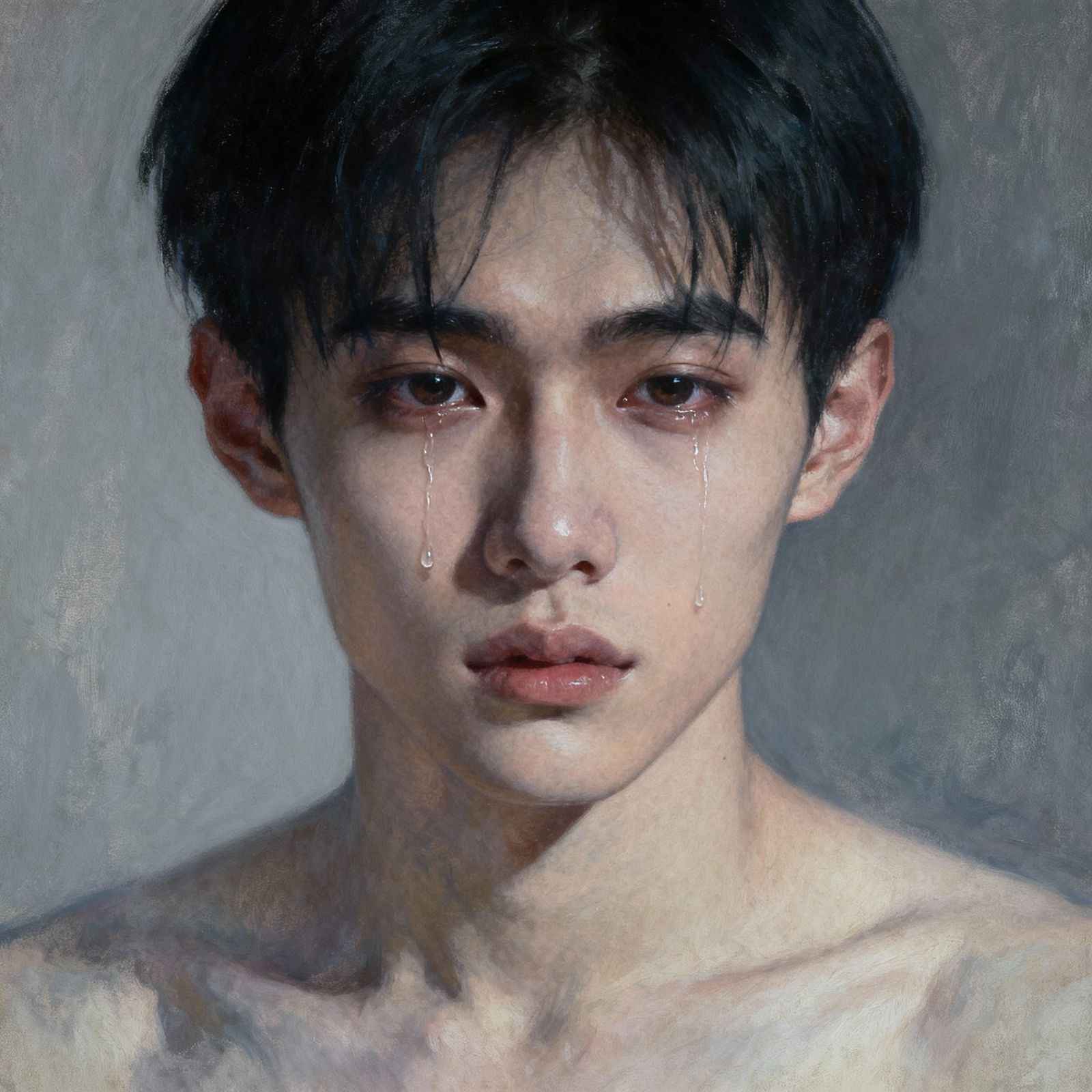 Poignant Sadness: Androgynous Man in Melancholic Art Style