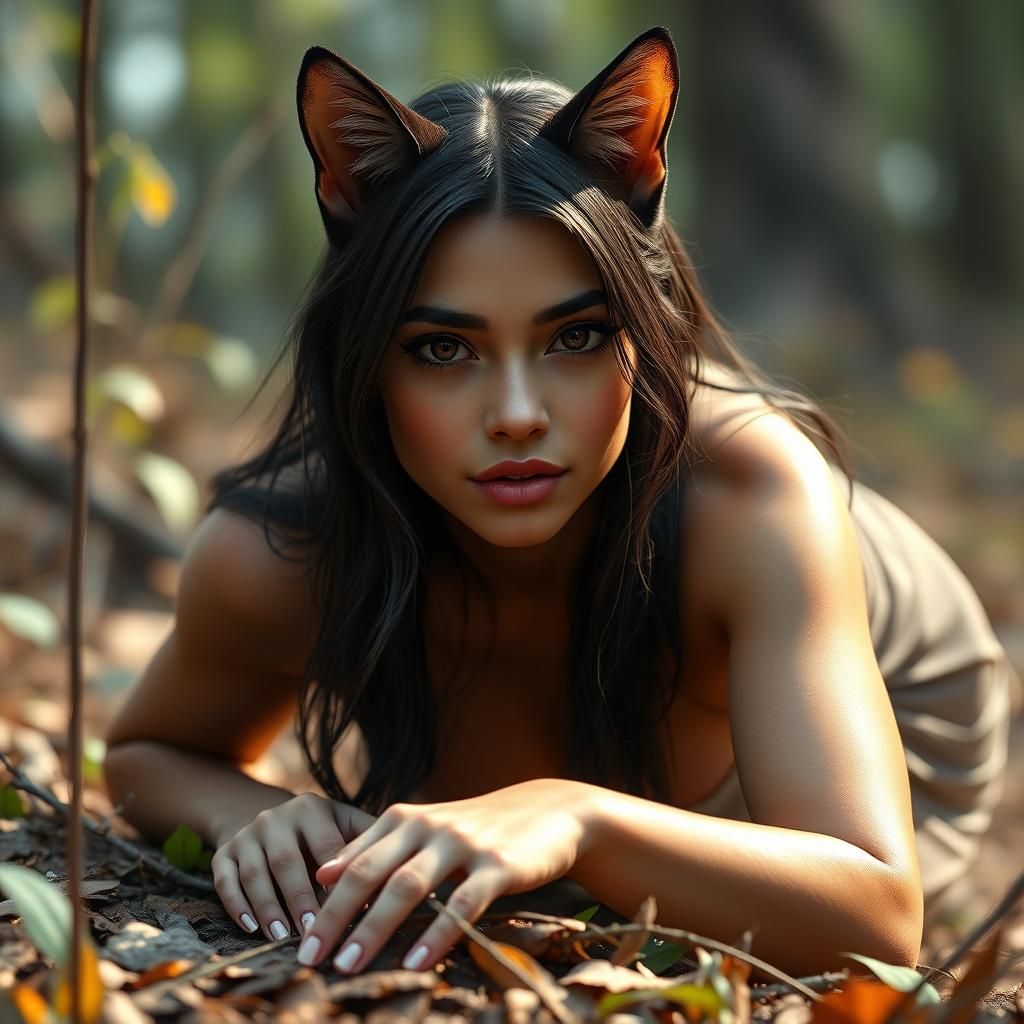 Captivating Cat Woman Crawling in Forest, Hyperdetailed Port...