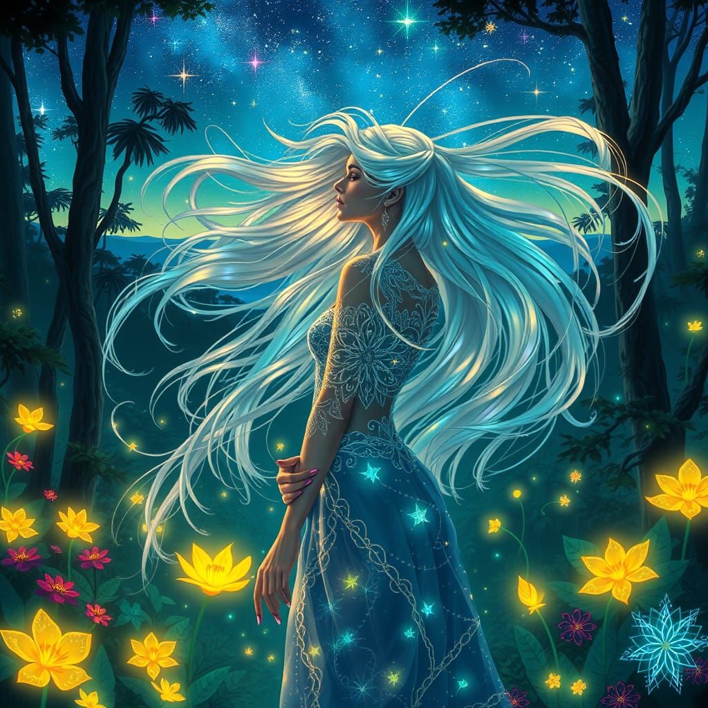 Bioluminescent Forest Goddess in Art Nouveau Style