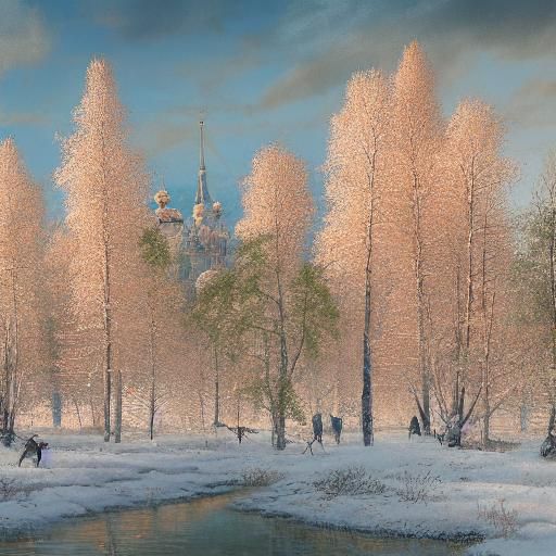 Whimsical Winter Wonderland with Birch Trees and Crows in Wa...