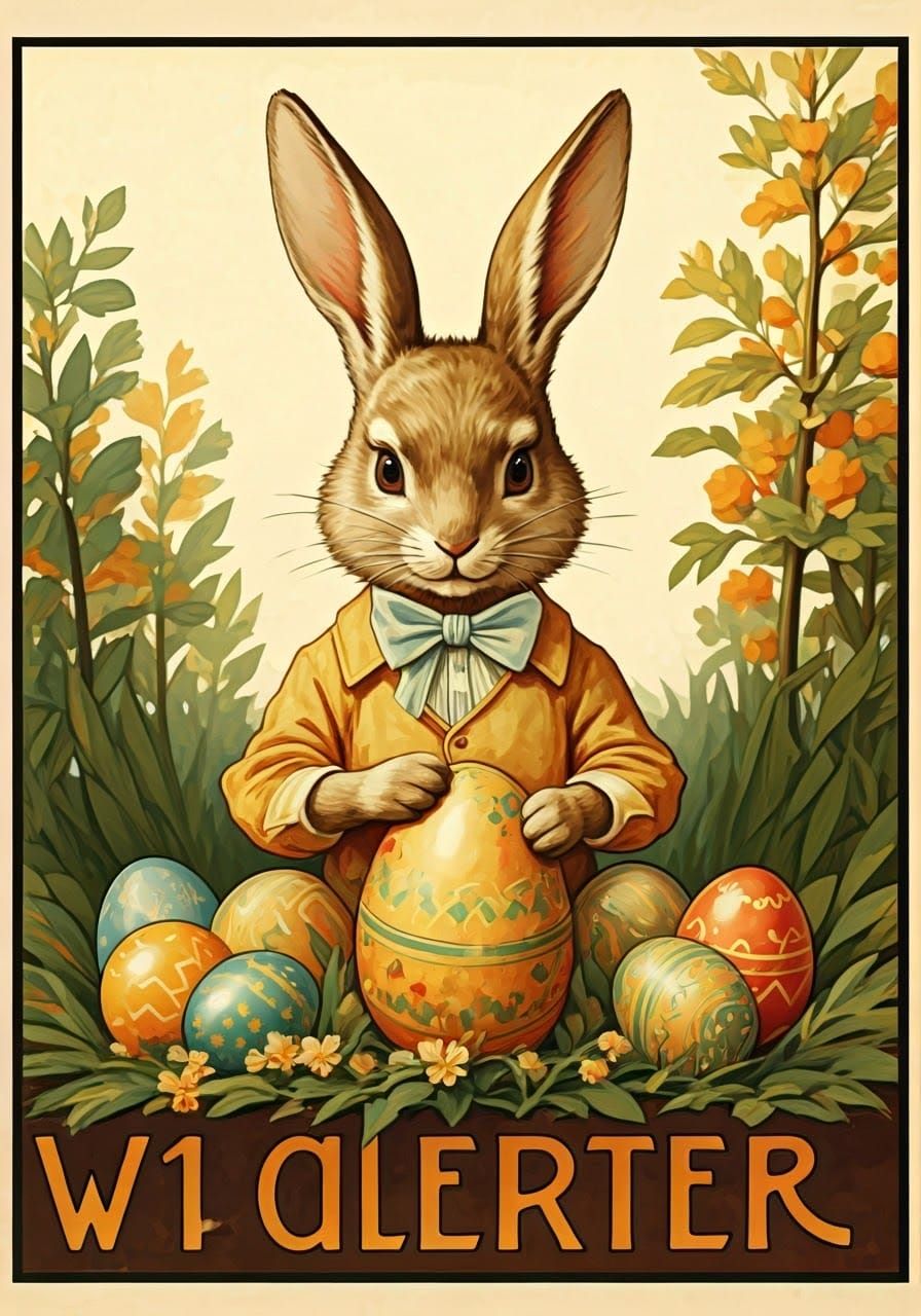 Twenties, poster art, Easter Bunny with Easter eggs