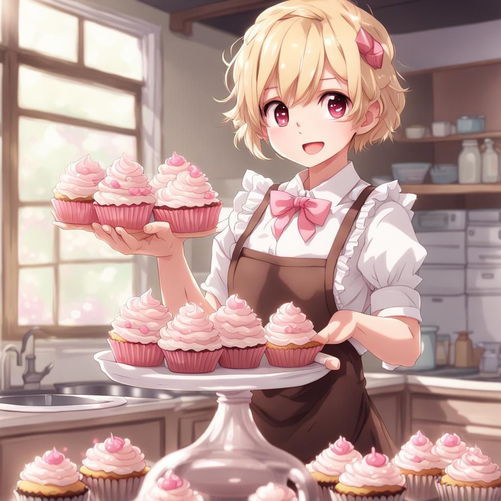 Blond Girl Holding Cupcakes in Anime Style
