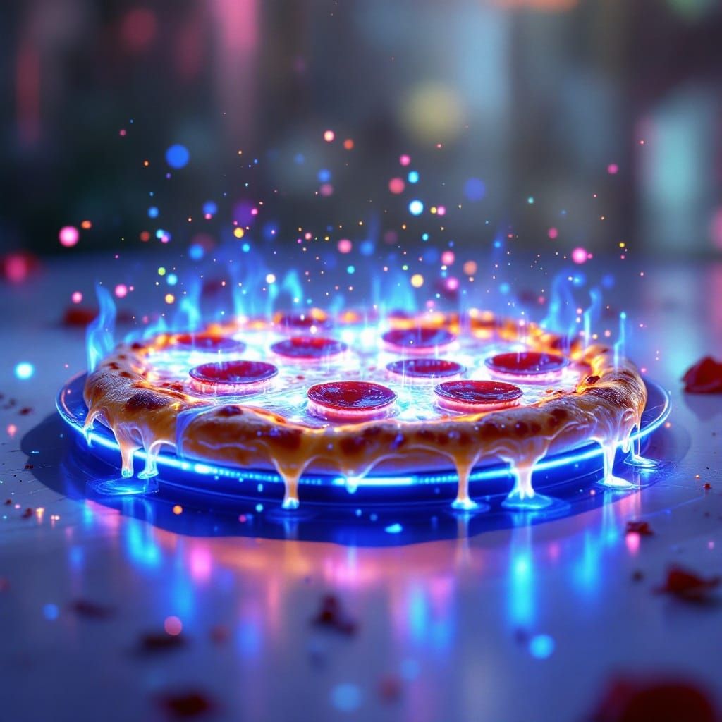 Futuristic Holographic Pizza in a Gritty, Filmic Aesthetic