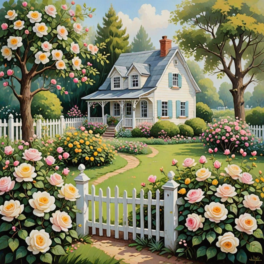 Whimsical Country Garden with White Roses