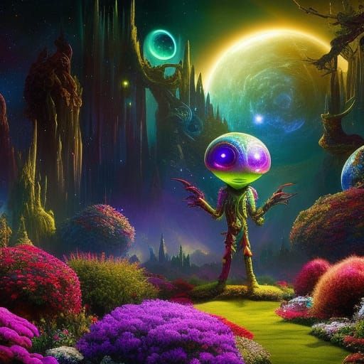 Cute Alien in a Fantastic Garden: Hyperrealistic Art