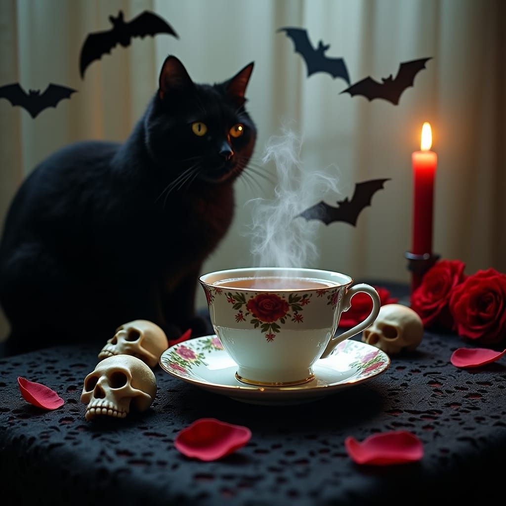 Gothic Tea Party with Bats and Skulls