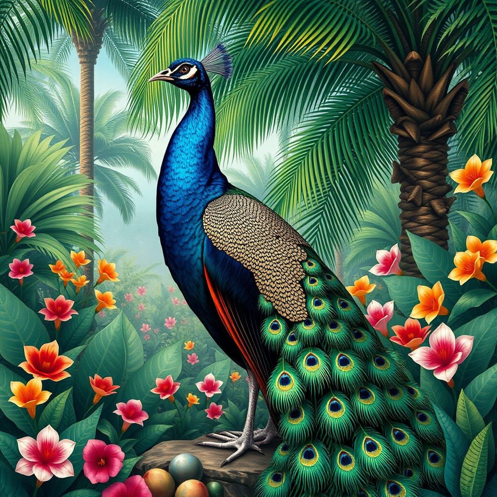 Ethereal Peacock Reigns in Tropical Paradise