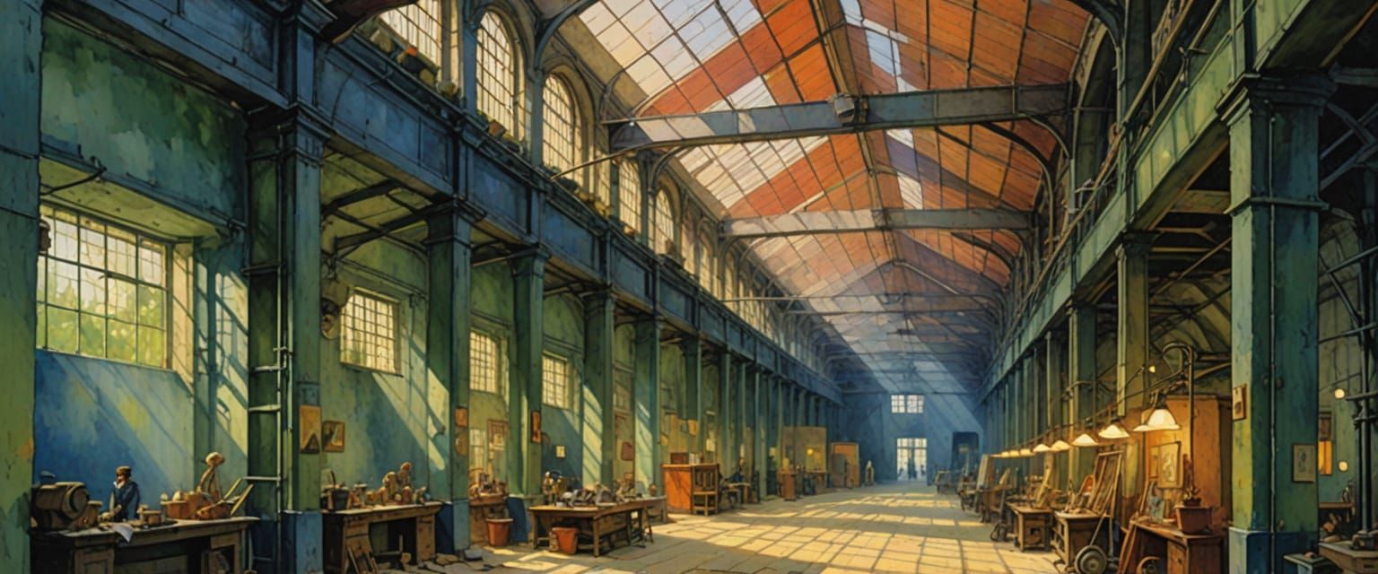Vast Factory Interior in Comic Book Style
