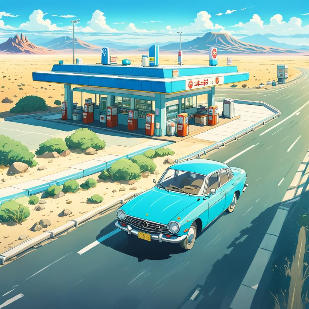 Car on Desert Highway in Anime Style
