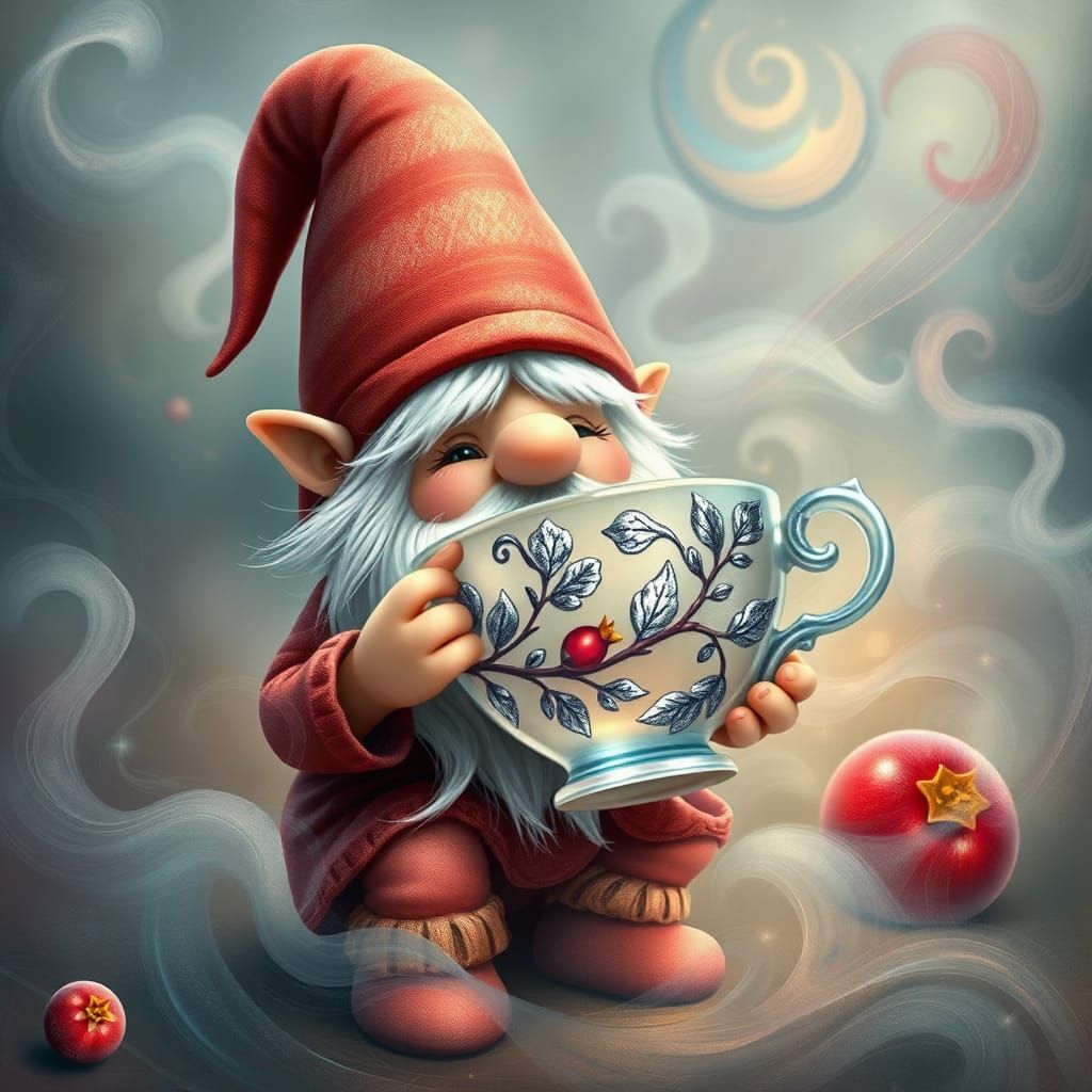 Gnome with Ornate Teacup in Fantasy Landscape