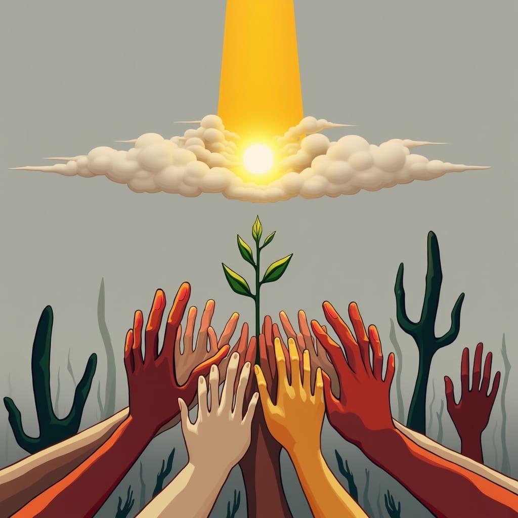 Diverse Hands Hold Glowing Seedling in Desolate Landscape
