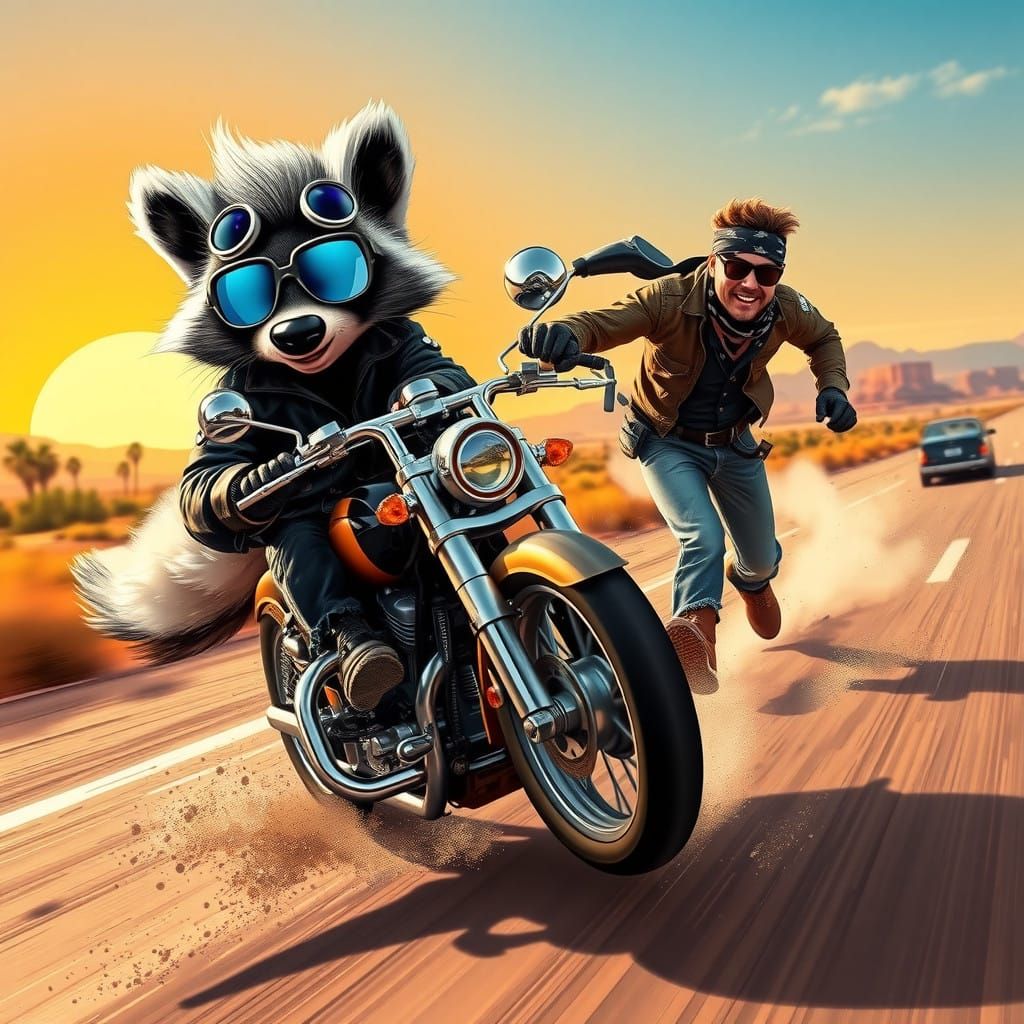 Rugged Skunk Chopper Rider in Futuristic Sunset Chase