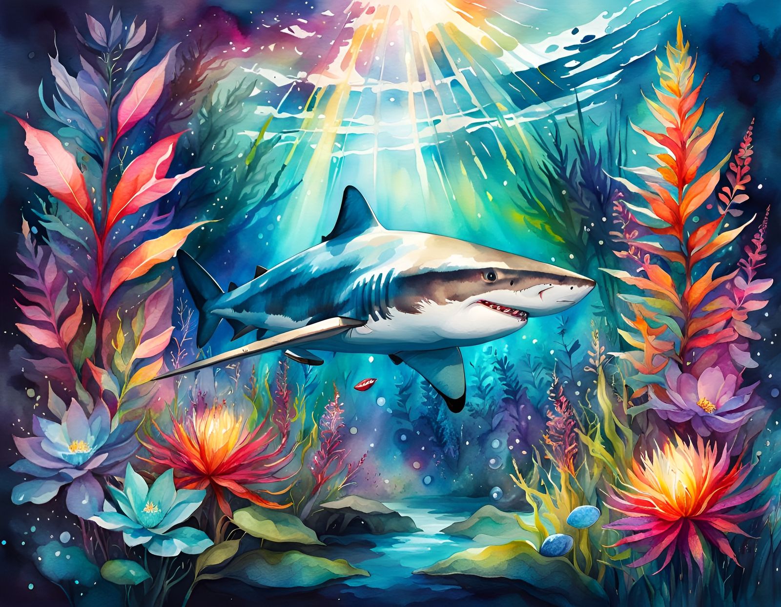 Underwater Shark in Digital Watercolor Landscape