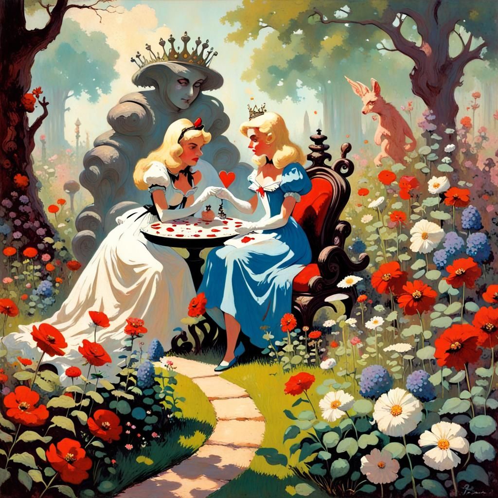 Alice and Queen of Hearts in Fantasy Garden