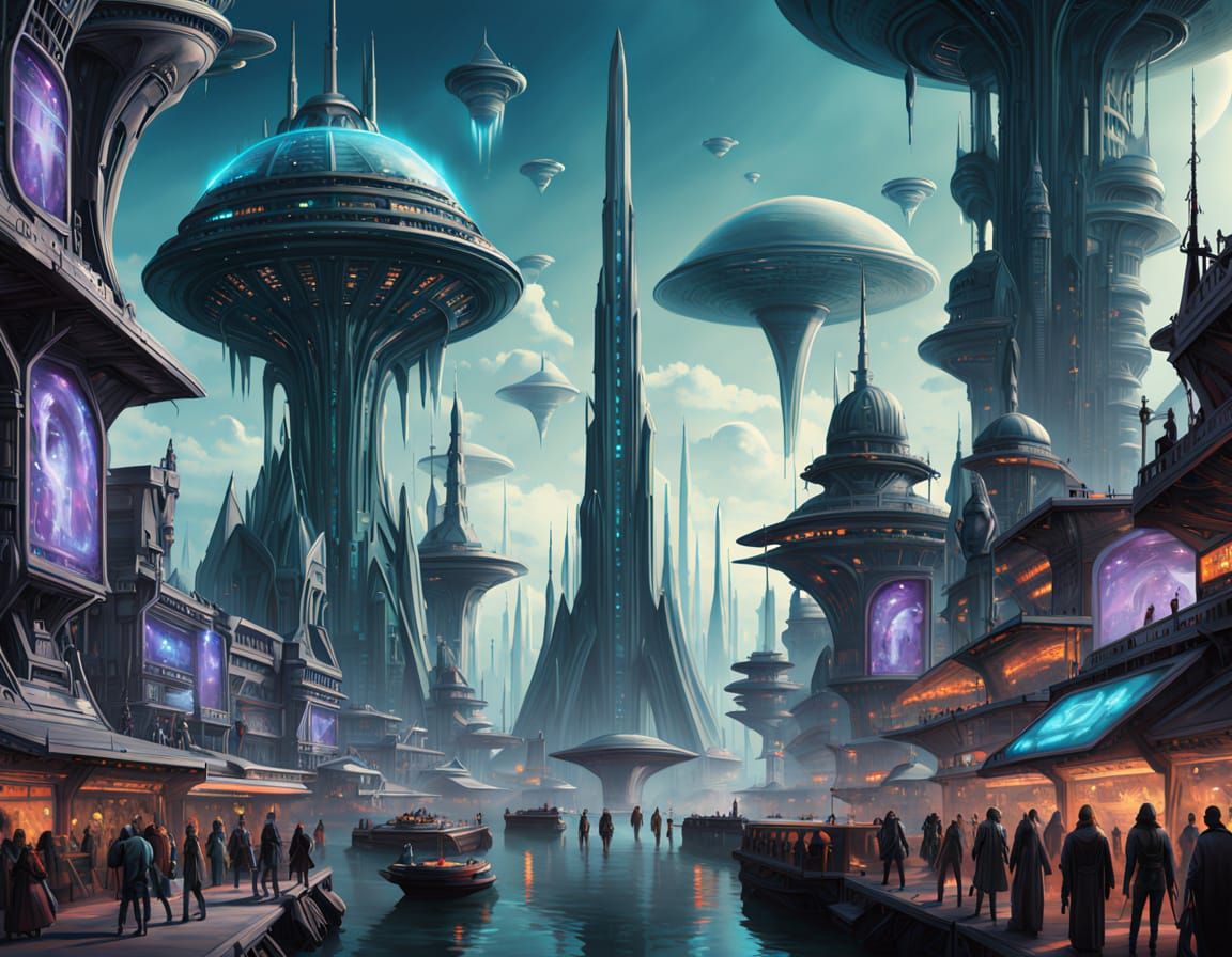 Vibrant Alien Marketplace in Futuristic City