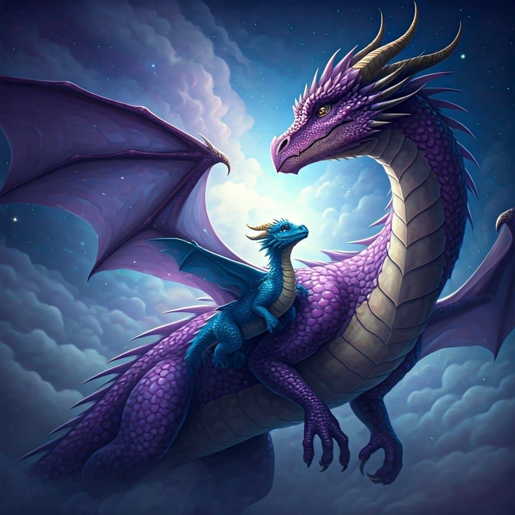 Purple Dragon Mother and Baby in Cosmic Sky