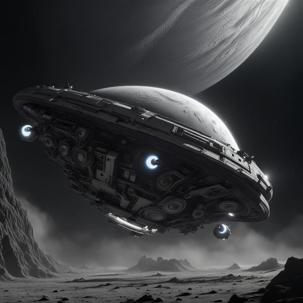 Monochrome Spaceship at Jupiter in Detailed Digital Art