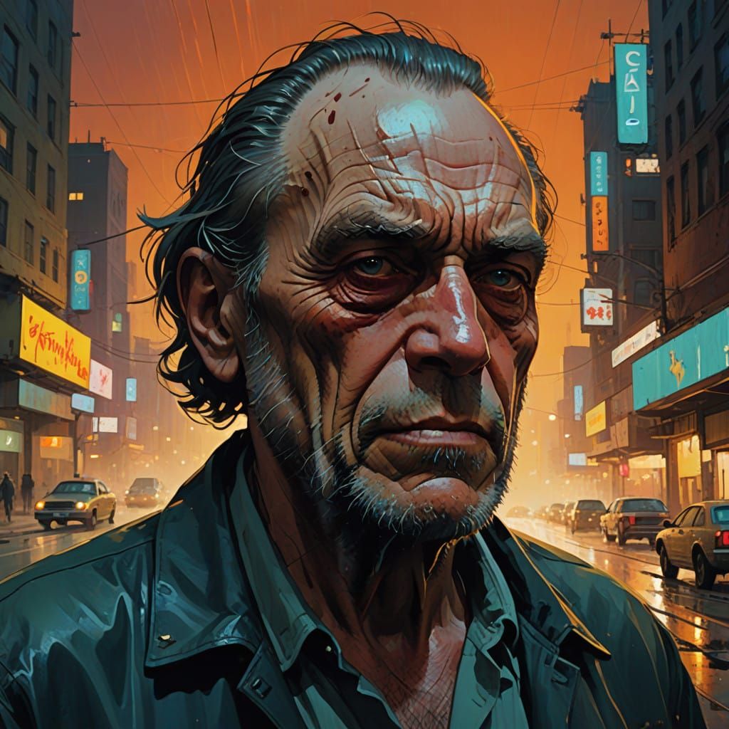 Hyperrealistic Charles Bukowski Portrait in Futuristic Reali...