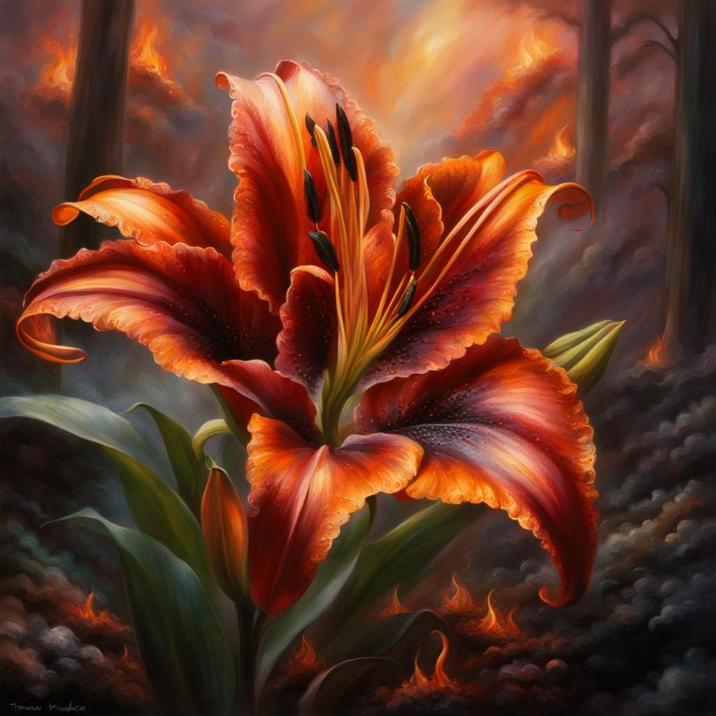 Ethereal Fire Lily with Embers and Smoke