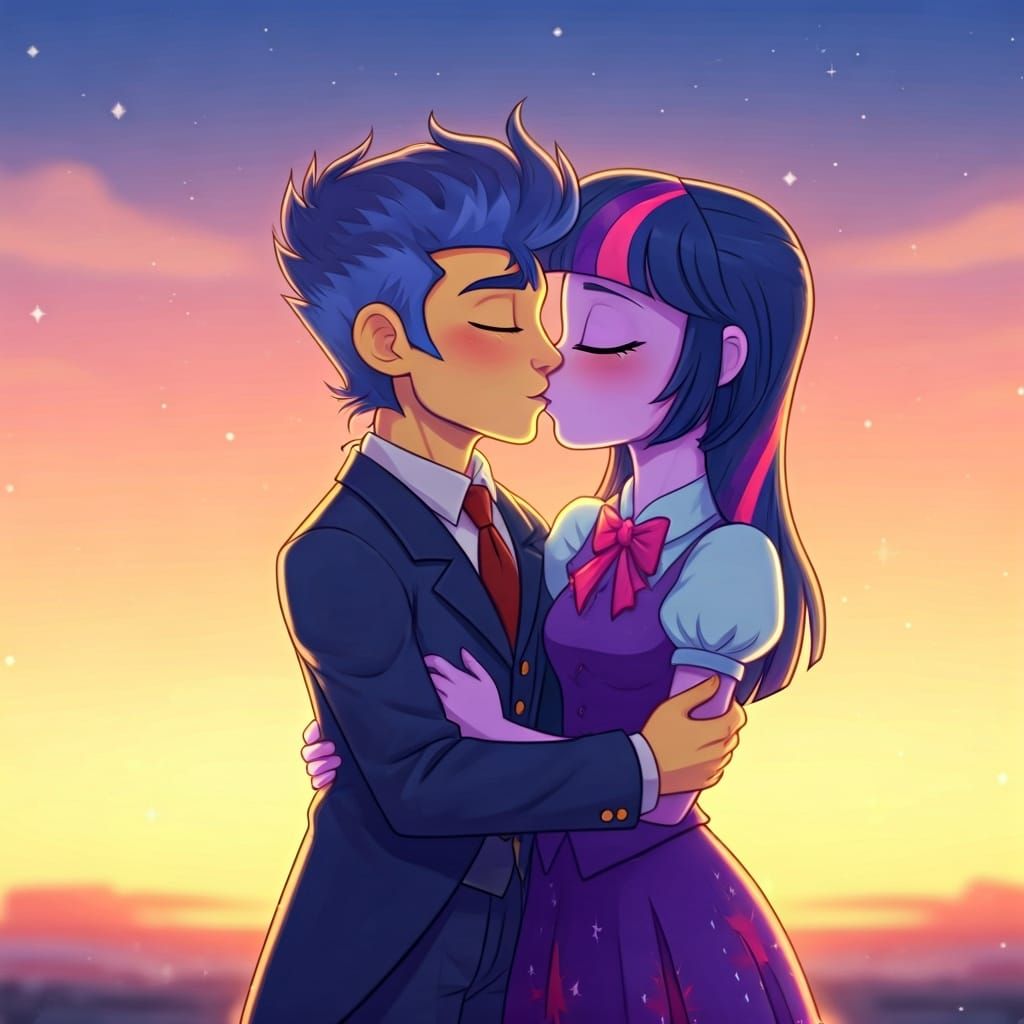 Romantic Kiss Under Sunset Sky in Dreamy Style