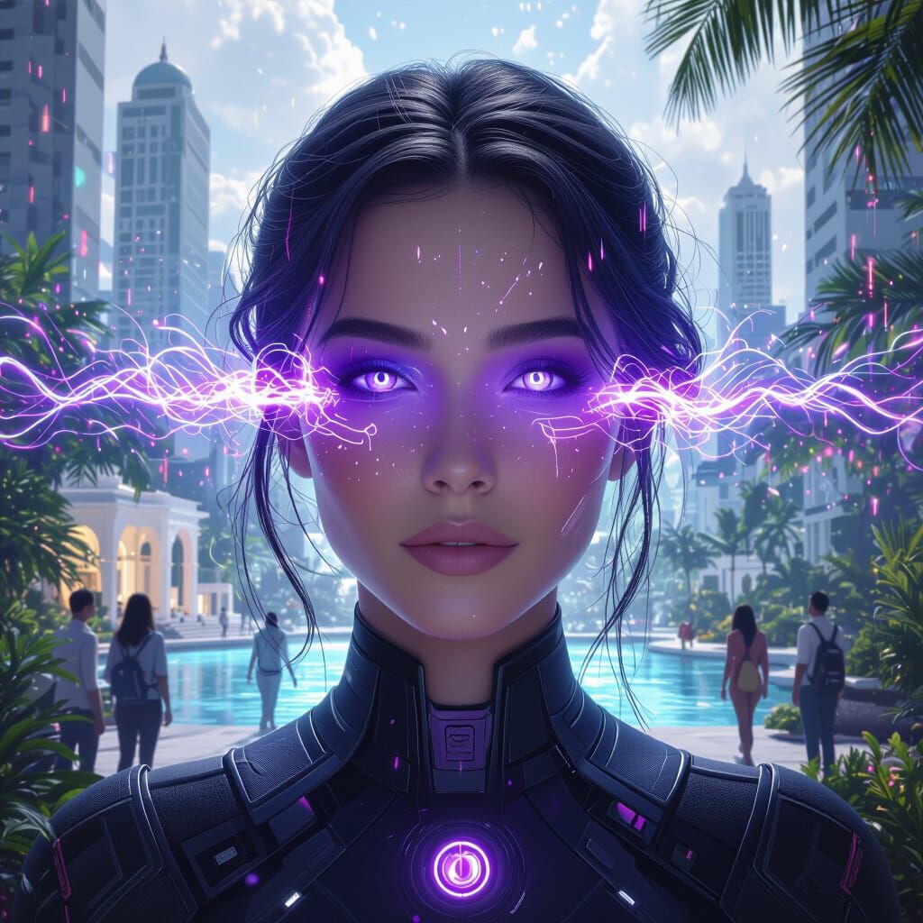 Futuristic Violet Scene: Mira's Energy Awakens in a Transfor...