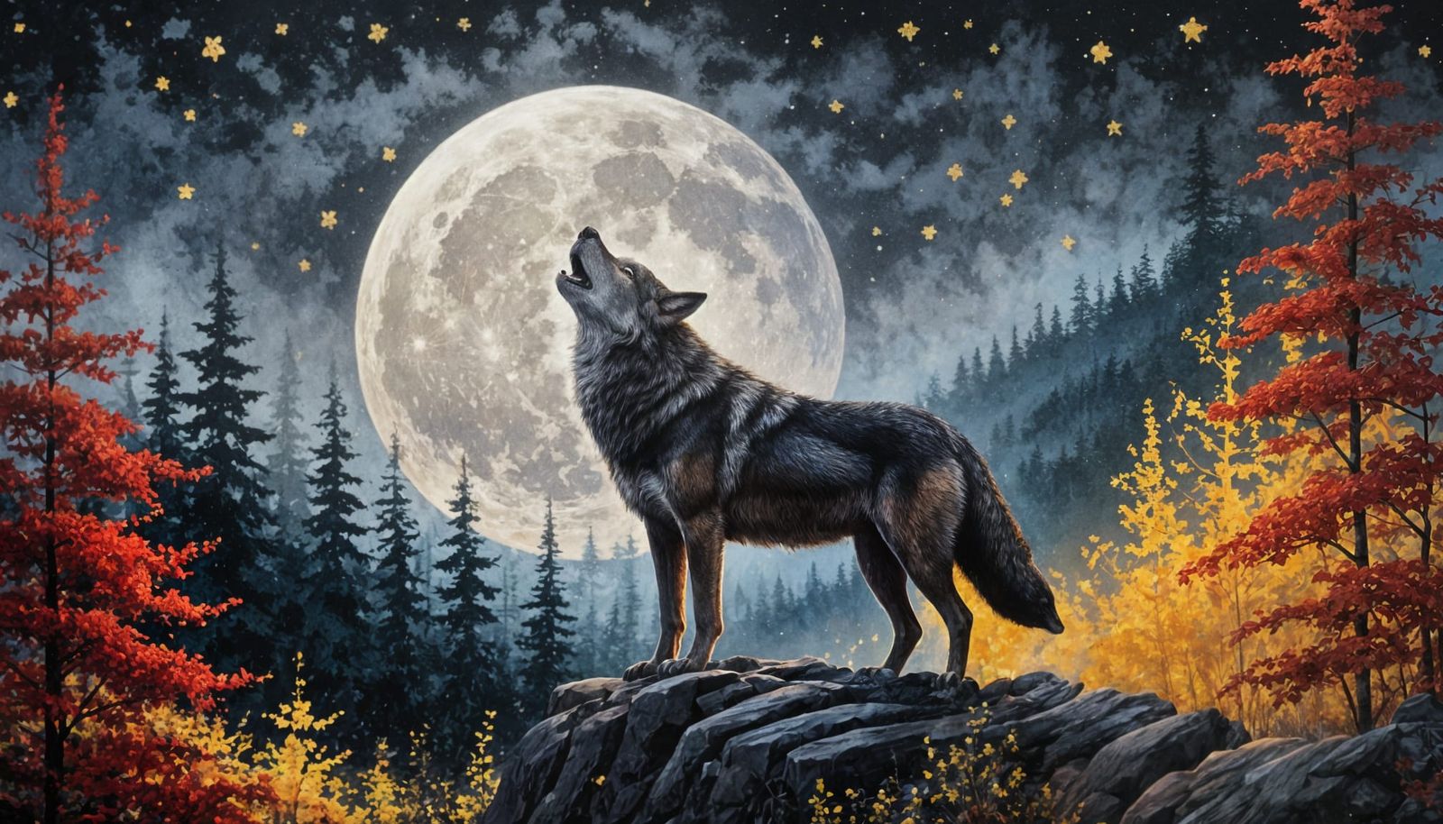 Wolf Howling at Moon in Pointillism Style