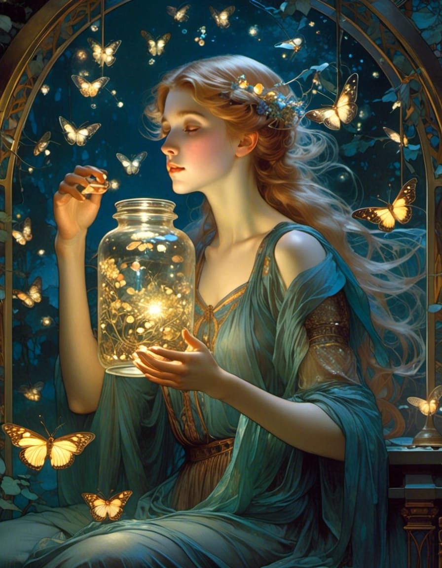 <lora:Art Nouveau:1.0> highly detailed portrait of a pretty girl opening an ornate jar of fireflies. She is surrounded b...