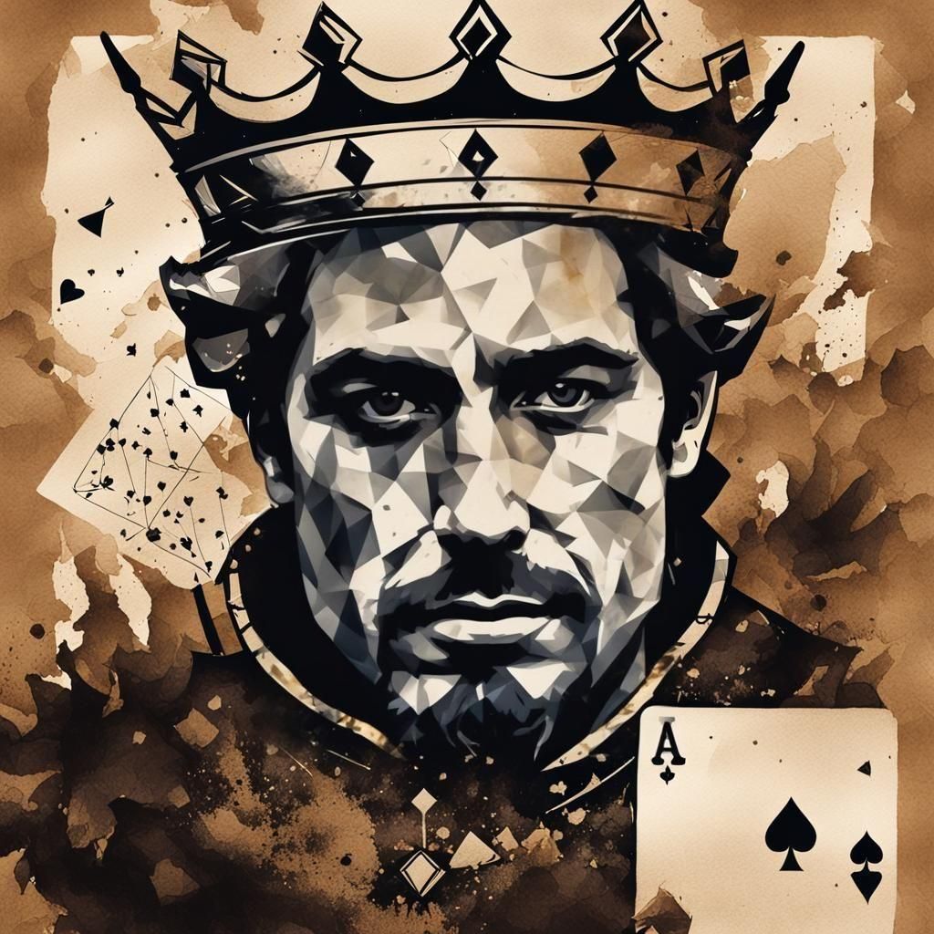 Ace of Spades Card with Diamond Crown in Ink Painting
