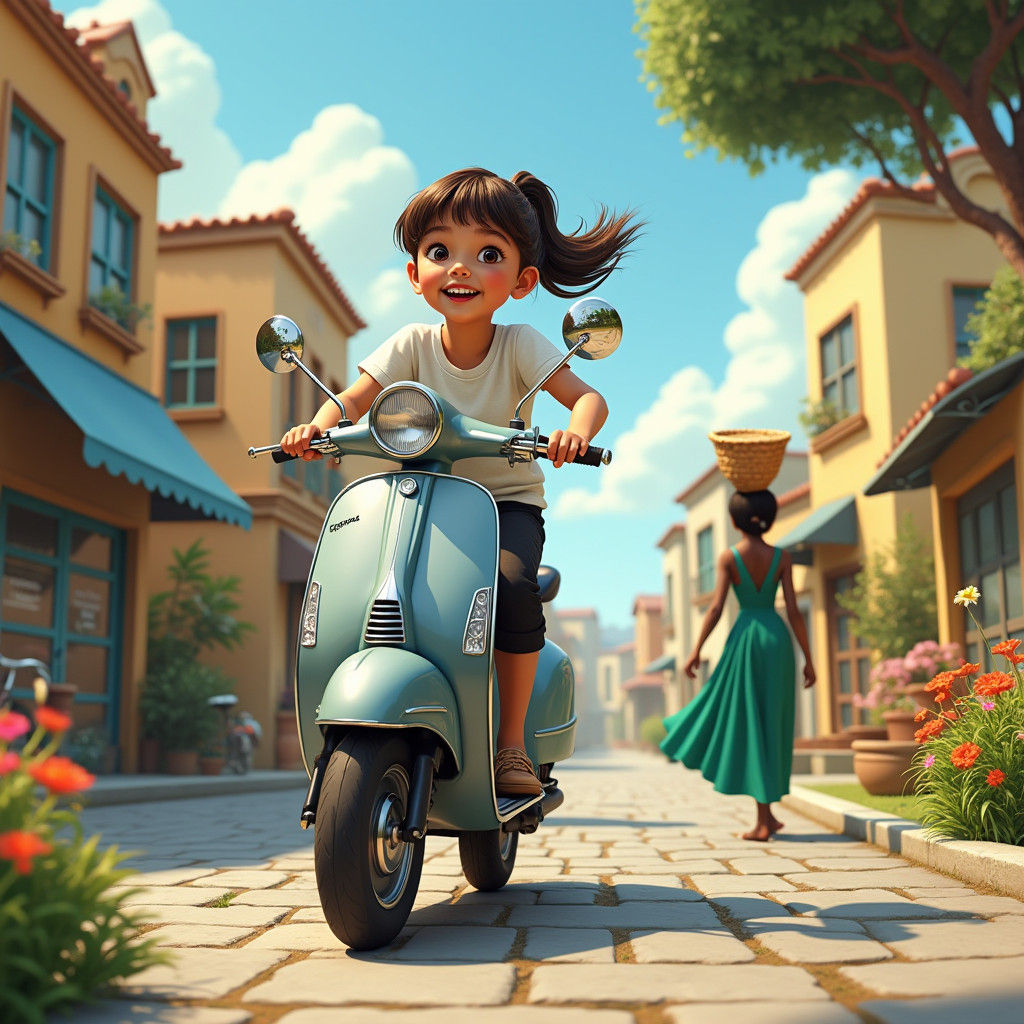 Girl on Scooter: Dreamlike Matte Painting