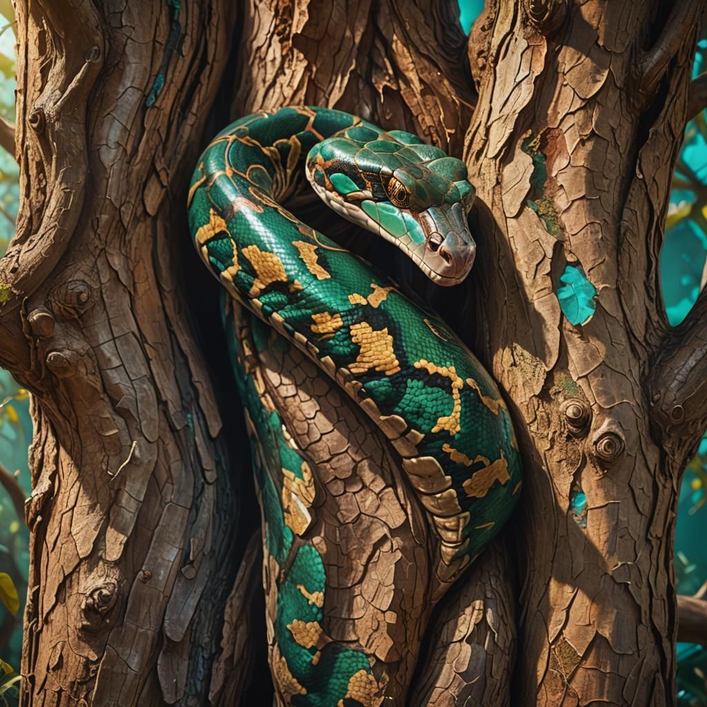 Emerald Boa Constrictor in Lush Jungle, Digital Art
