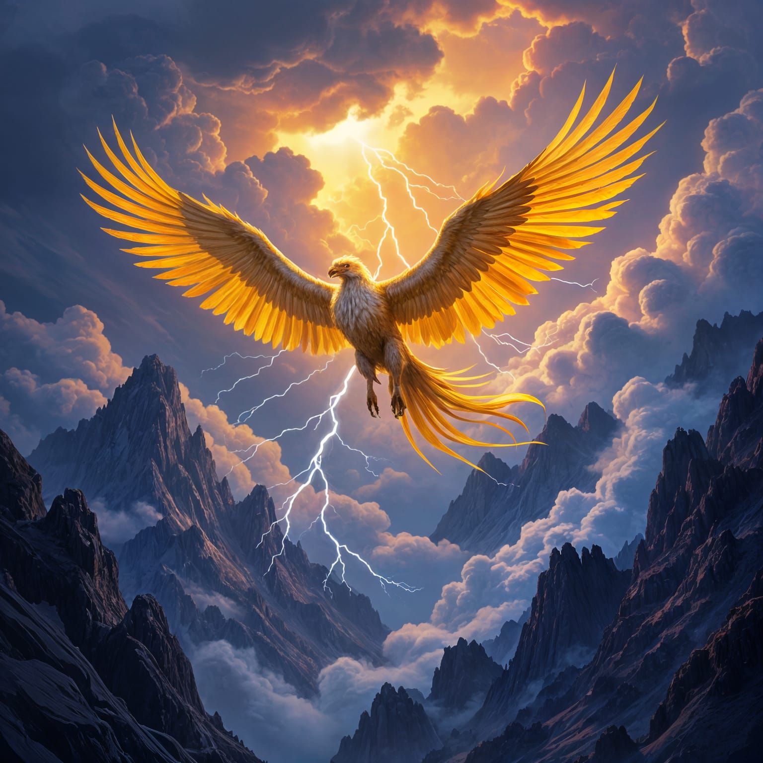 Golden Griffin Soaring Through Stormy Mountain Sky