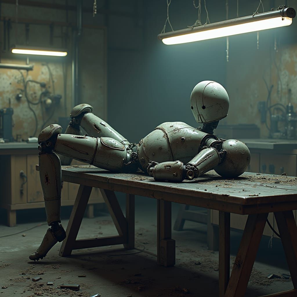 Worn Atom Robot Resting in Abandoned Lab