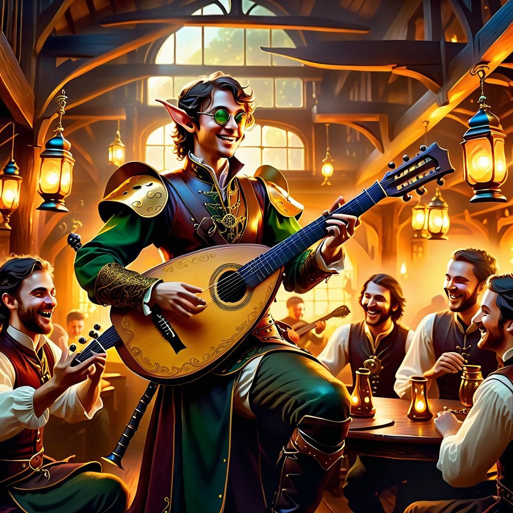 Steampunk Bard Plays Lute Guitar in Tavern
