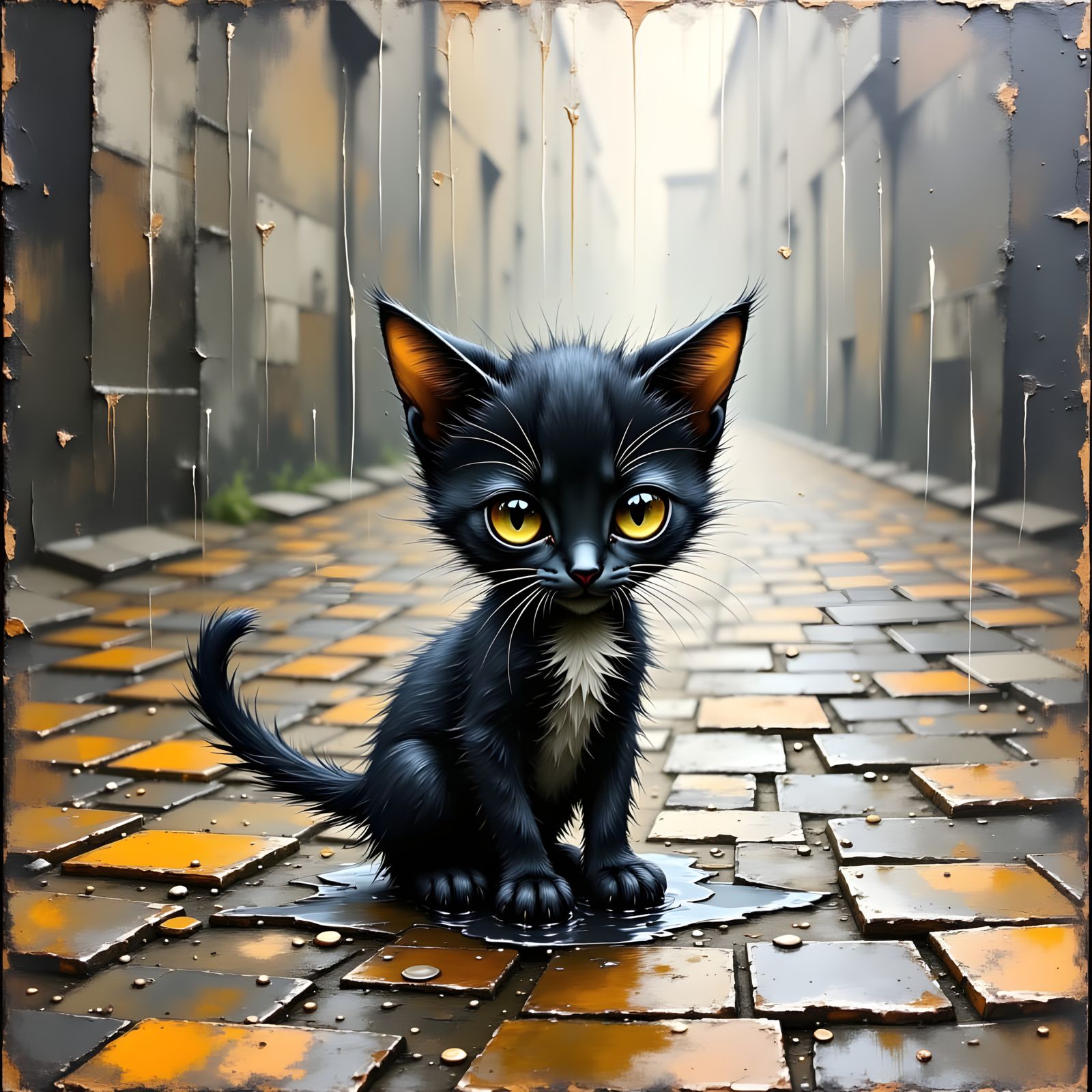 Melancholic Kitten in Rain, Impasto Oil Painting