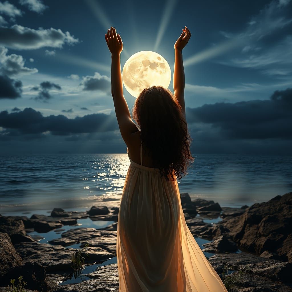 Surreal Goddess Under Moonlit Skies in a Photorealistic Nigh...